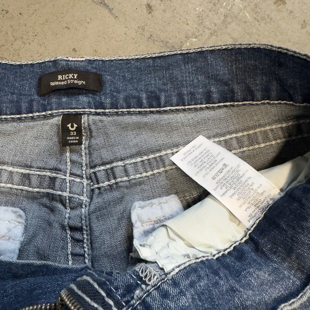 True Religion Ricky Relaxed Straight Jeans Blue Contrast Stitch Mens 33x31